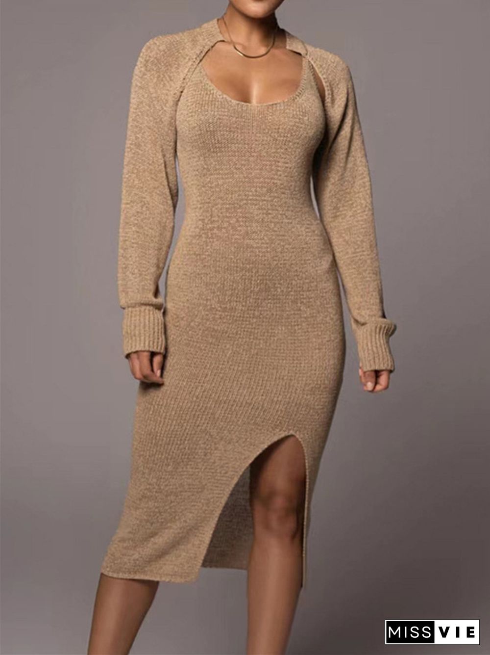 New Solid Color Two-piece Dress Summer Sexy Slit Sling Knitted Dress