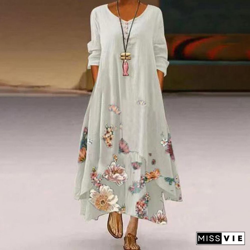 Women Summer Floral Printed Dress Spring Autumn Casual Loose Irregular V-Neck Long Sleeve Dress Elegant Party Big Hem Maxi Dress