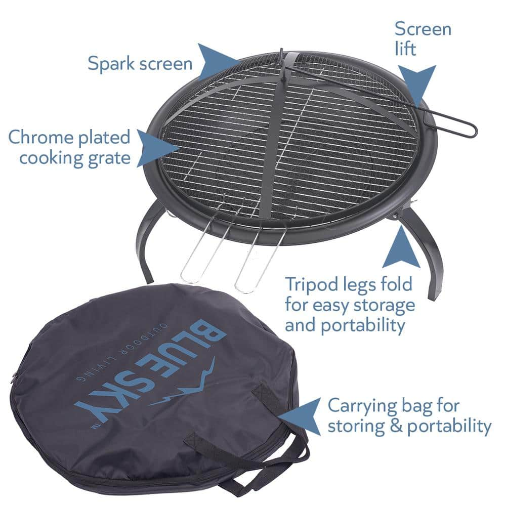 BLUE SKY OUTDOOR LIVING 21.25 in. Round Steel Portable Wood Fire Pit with Folding Legs， Carry Bag， Screen， Screen Lift， Log Grate， Cooking Grid WBPFP22