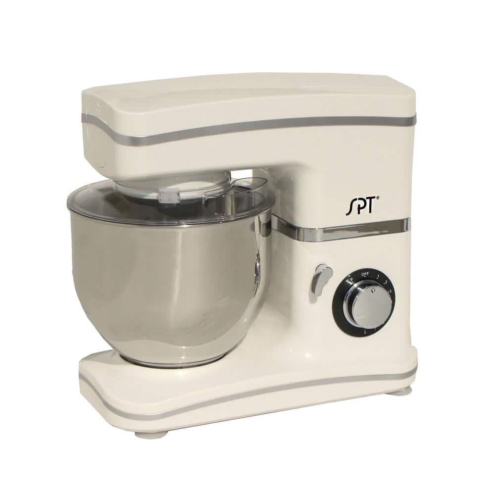 SPT 55 Qt 8Speed Tilt Head White Stand Mixer with Whisk Kneading Hook and Mixer Blade Attachments