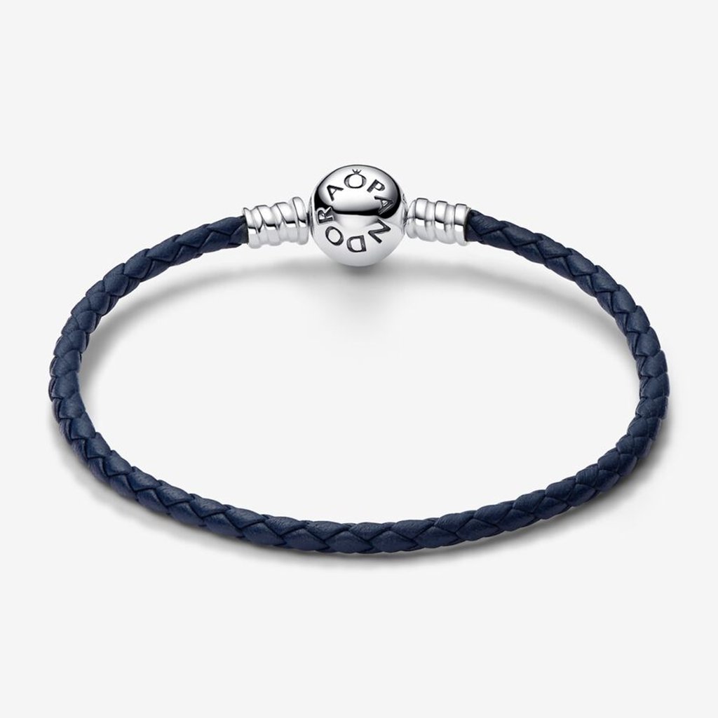 PANDORA  Pandora Moments Round Clasp Blue Braided Leather Bracelet