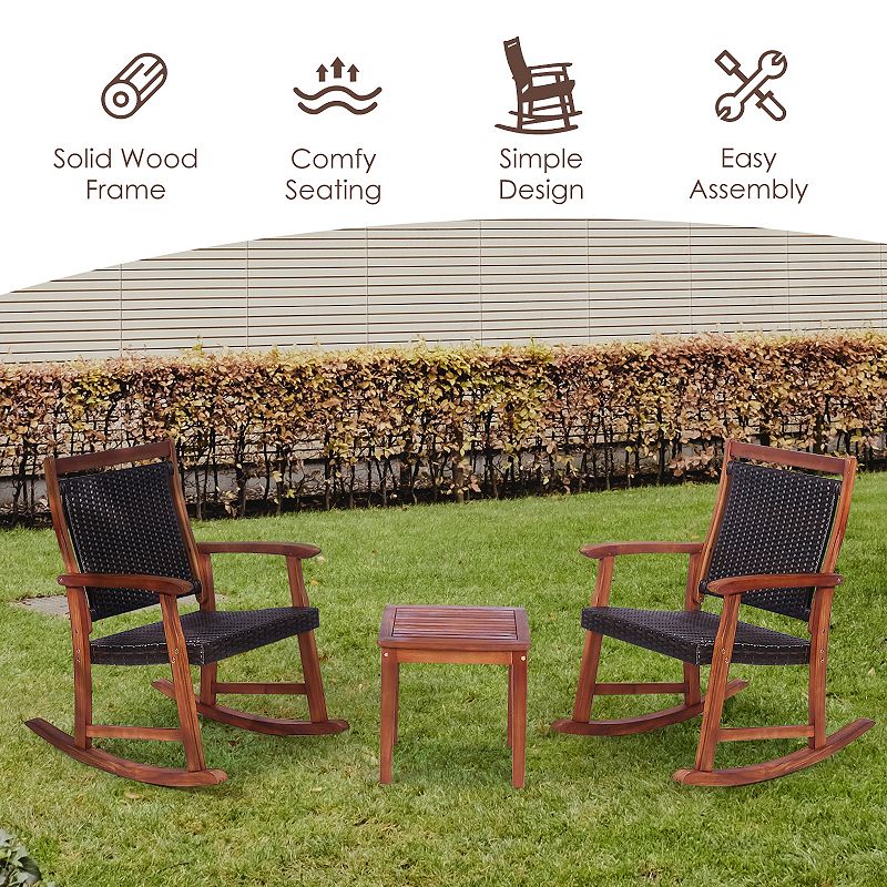 3 Pieces Acacia Wood Patio Rocking Chair Set with Side Table