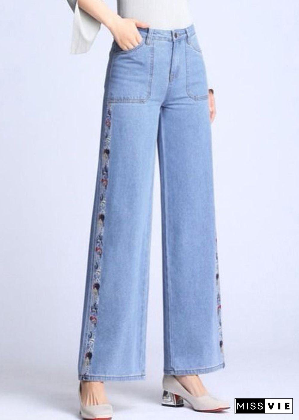 Natural Light Blue Embroideried Pockets Draping Cotton Women's Straight Pants Spring