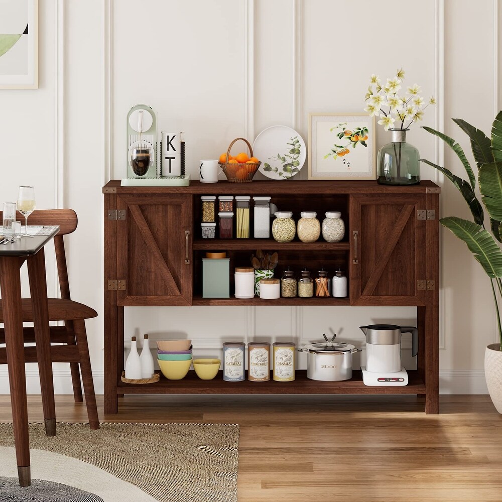 Buffet Sideboard  Farmhouse Wood Cupboard with 2 Storage Cabinets  2 Tier Open Shelf  Countertop  Adjustable Shelves