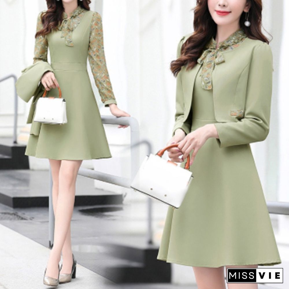 Women Office Wear Long Dress Suits Pink Yellow Green Dresses Suit 2 Pieces Set Outfit Clothes Womens Short Jacket And Dress