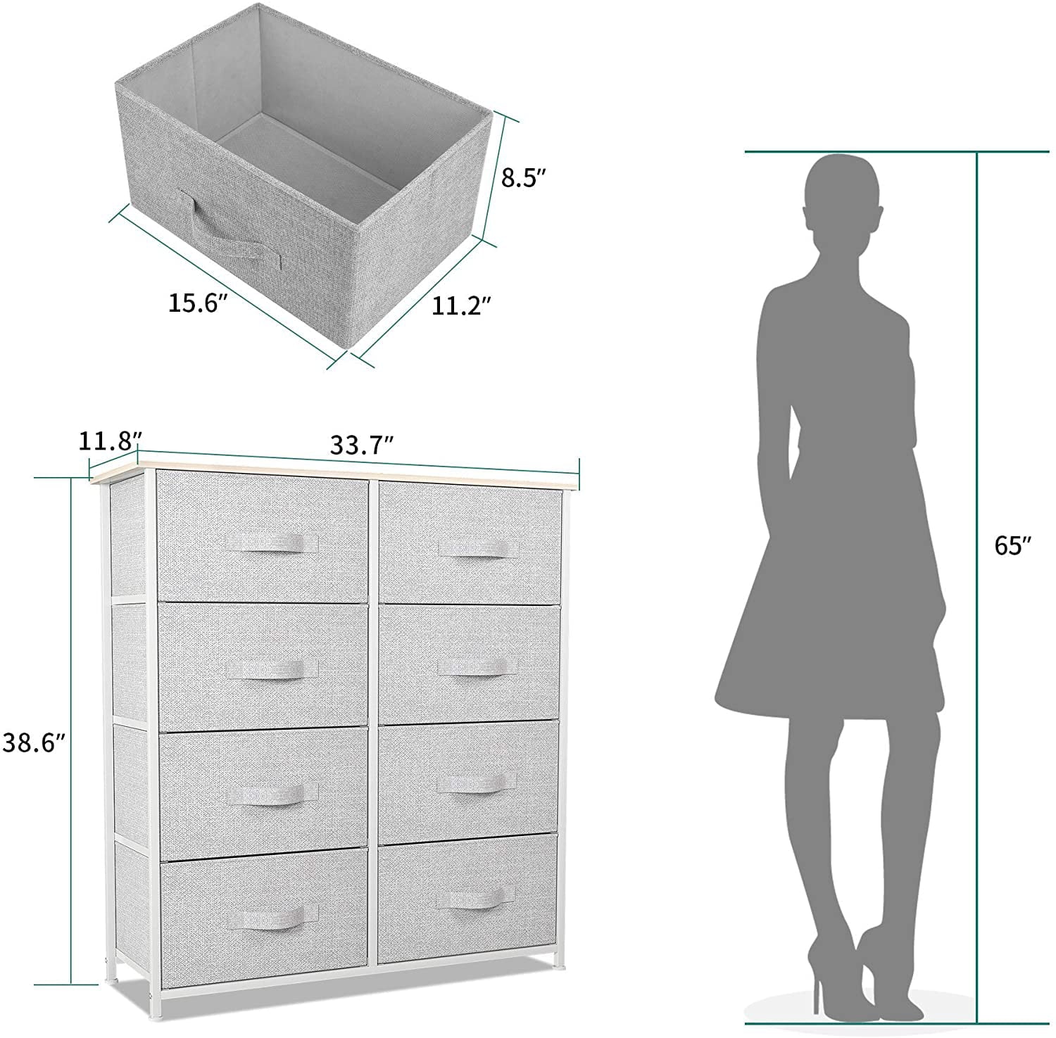 YITAHOME Vertical Dresser with 8 Fabric Drawers Bins for Bedroom, Organizer Storage Tower Cabinet with Shelf, Light Gray