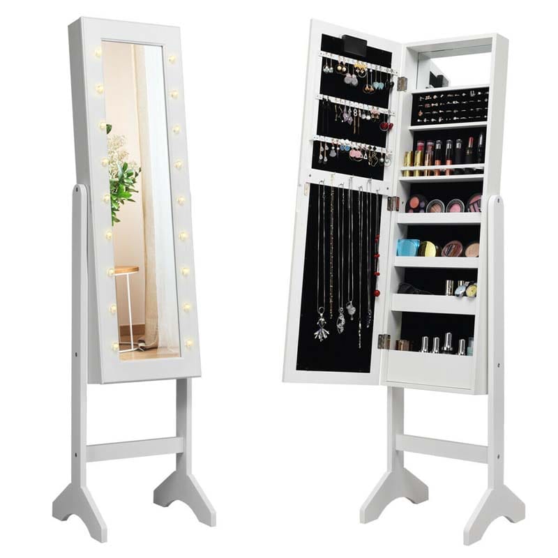 18 LEDs Large Standing Jewelry Armoire Cabinet with Full Length Mirror, 16 Lipstick Holder, 1 Inside Makeup Mirror