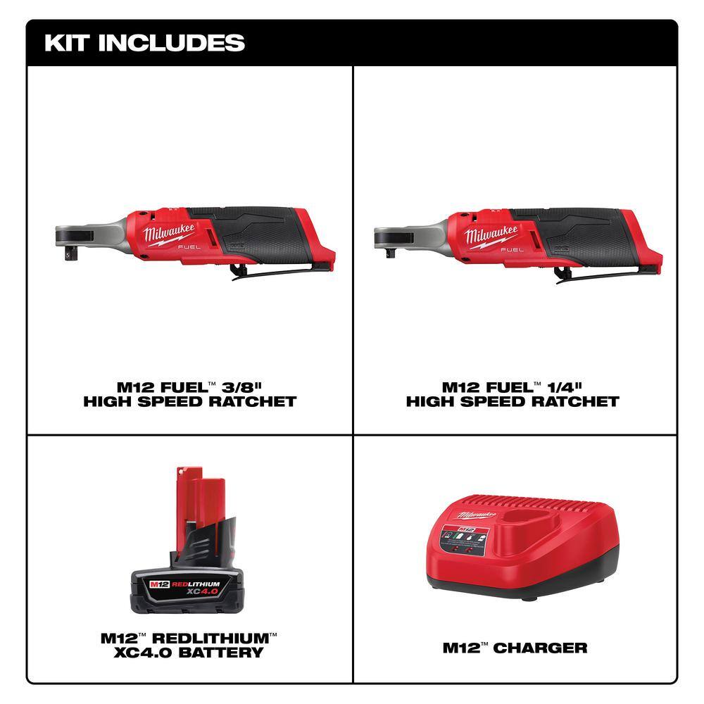 MW M12 FUEL 12V Lithium-Ion Brushless Cordless High Speed 38 in. Ratchet  High Speed 14 in. Ratchet wBattery  Charger 48-59-2440-2567-20-2566-20