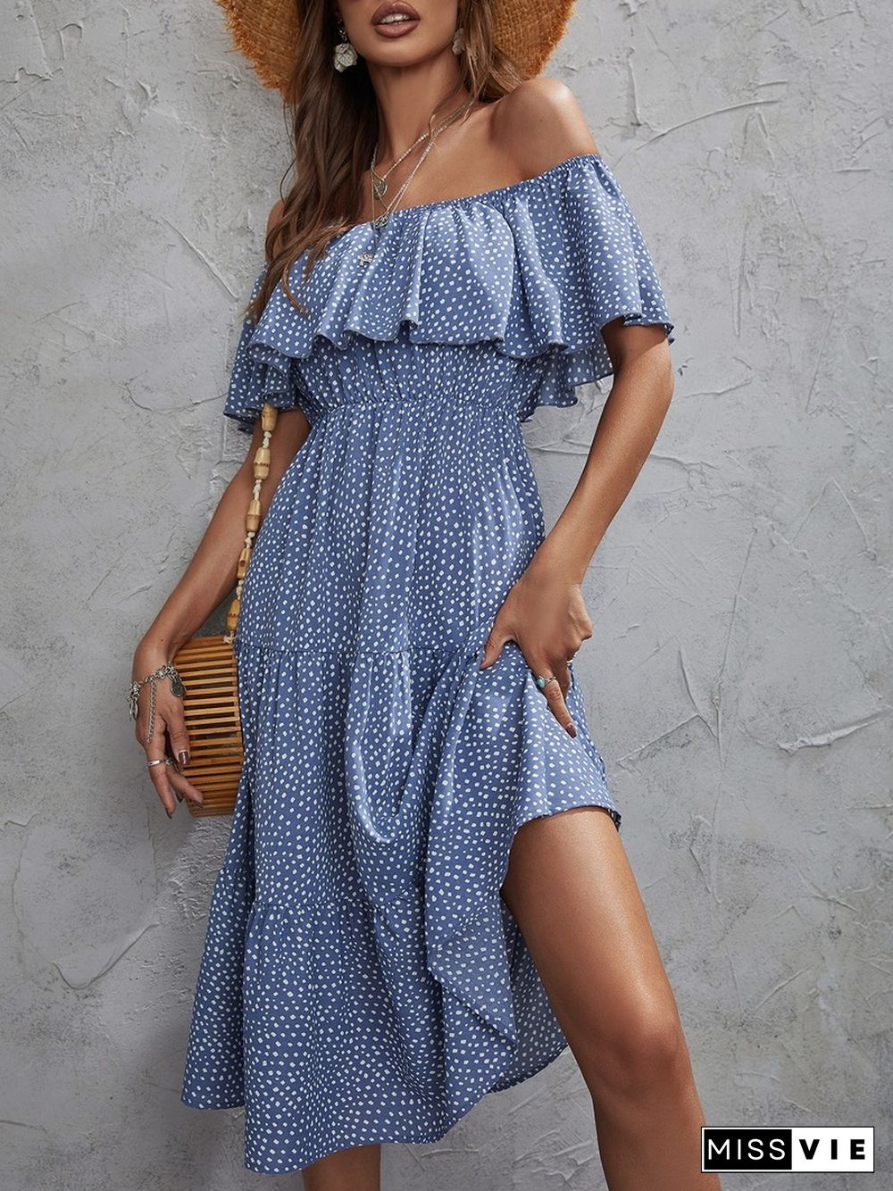 Sexy Chic Slash Neck Strapless Dot Print Dress Women Summer Dress New High Waist Slim Midi A-line Ruffle Short Sleeve Dress