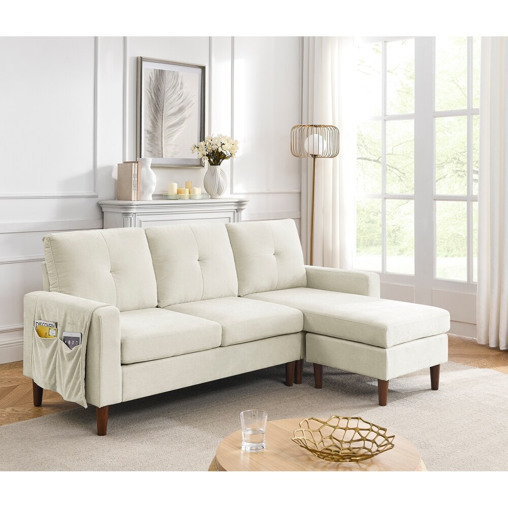 Chenille Convertible Sectional L shape Sofa Couch  3 Seats Sofa with Removable Cushions and Pocket  Rubber Wood Legs