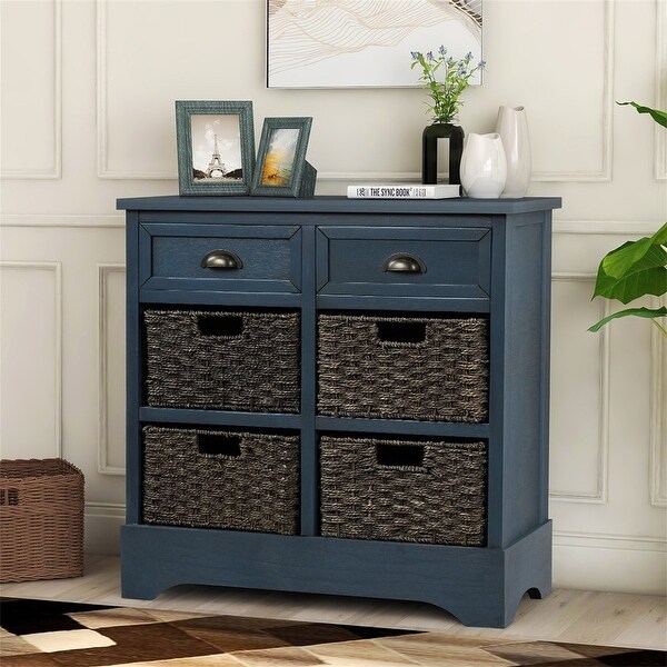 Wicker locker control table， two drawers and four classic rattan baskets