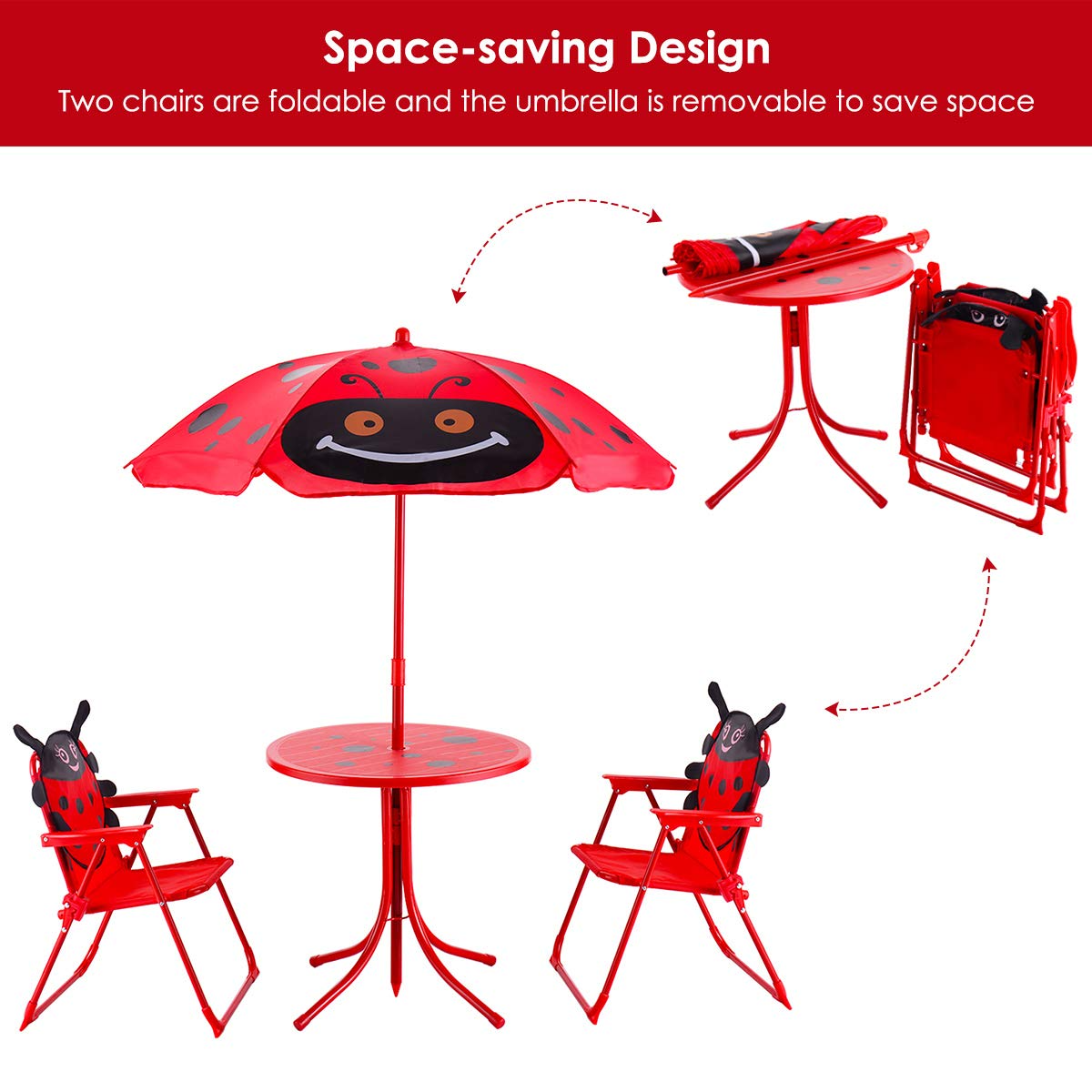 Costzon Kids Table and 2 Chair Set, Ladybug Folding Picnic Table Set with Removable Umbrella for Indoor Outdoor Garden Patio