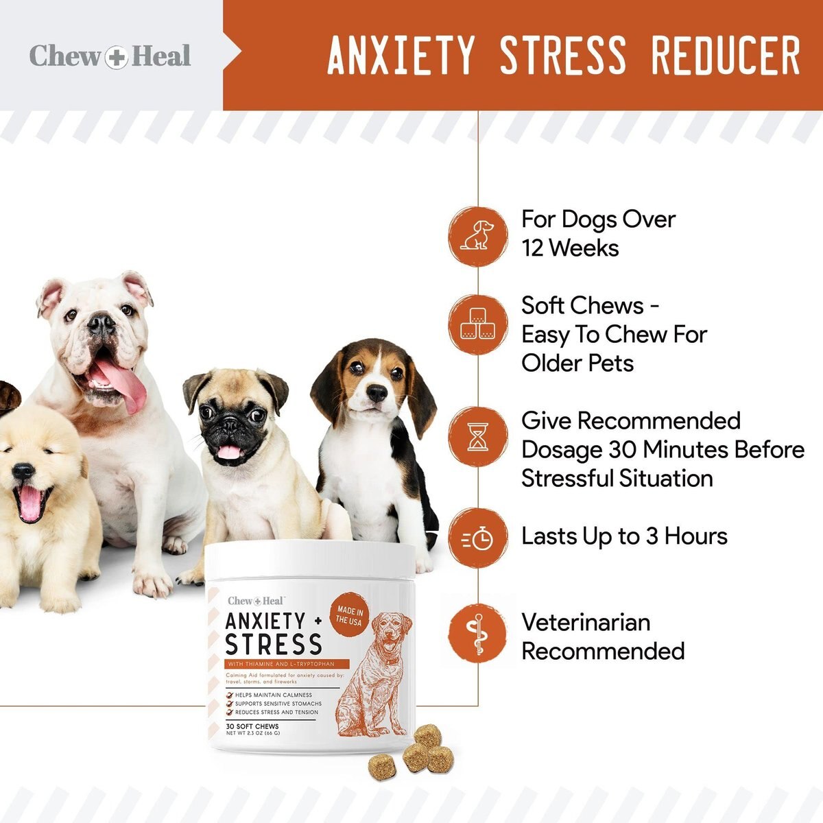 Chew + Heal Travel-Sized Anxiety and Stress Soft Chews Dog Supplement， 120 count