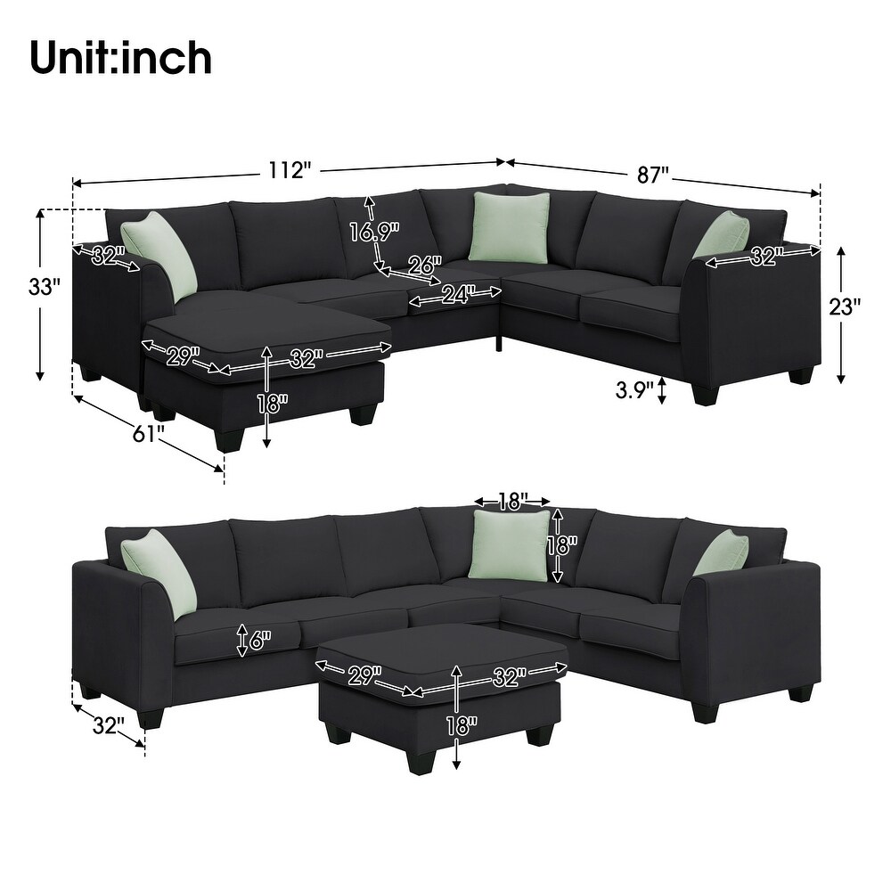 112 inch Sectional Sleeper Sofa Living Room Sets with 7 High Quality Seats and 3 Pillows  L Shape Fabric Cushions Couches