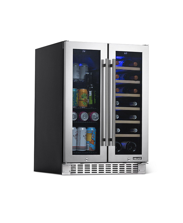 Newair 24 Premium Built-in Dual Zone 18 Bottle and 58 Can French Door Wine and Beverage Fridge in Stainless Steel with Split Shelf and Beech Wood Shelves