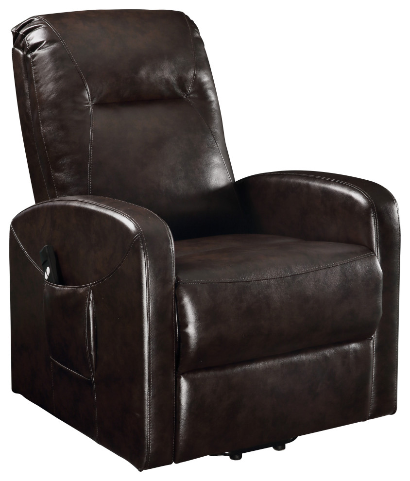 Benzara BM204521 Faux Leather Upholstered Wooden Recliner with Power Lift  Brown   Contemporary   Recliner Chairs   by VirVentures  Houzz