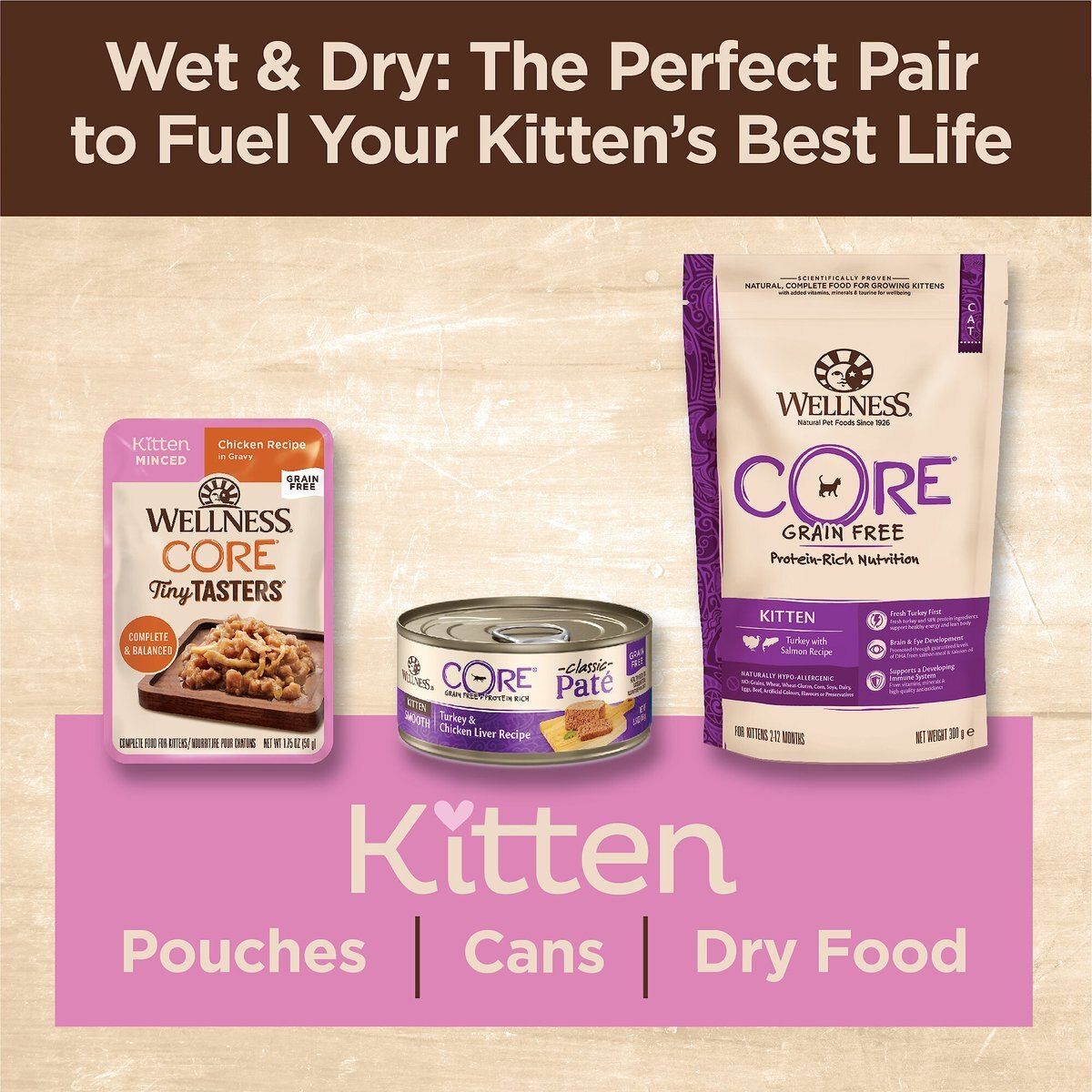 Wellness CORE Tiny Tasters Kitten Chicken Grain-Free Minced Wet Cat Food， 1.75-oz pouch， case of 12