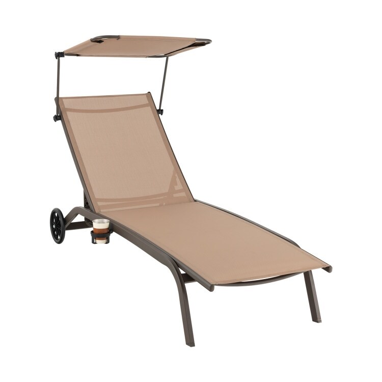 Patio Heavy Duty Adjustable Chaise Lounge Chair with Canopy Cup holder and Wheels Brown   Brown