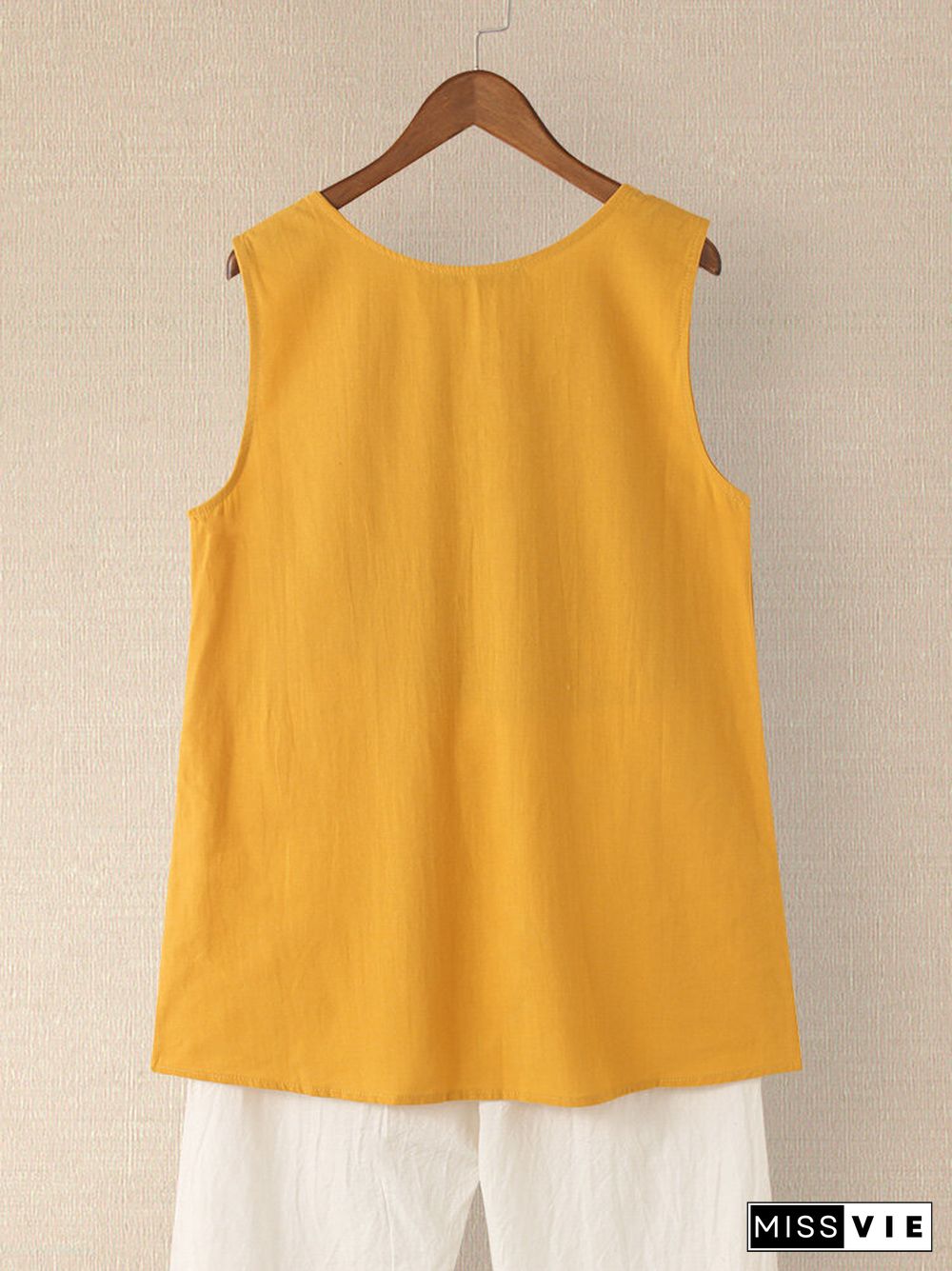 Button Embroidery O-neck Sleeveless Patchwork Vintage Tank Top