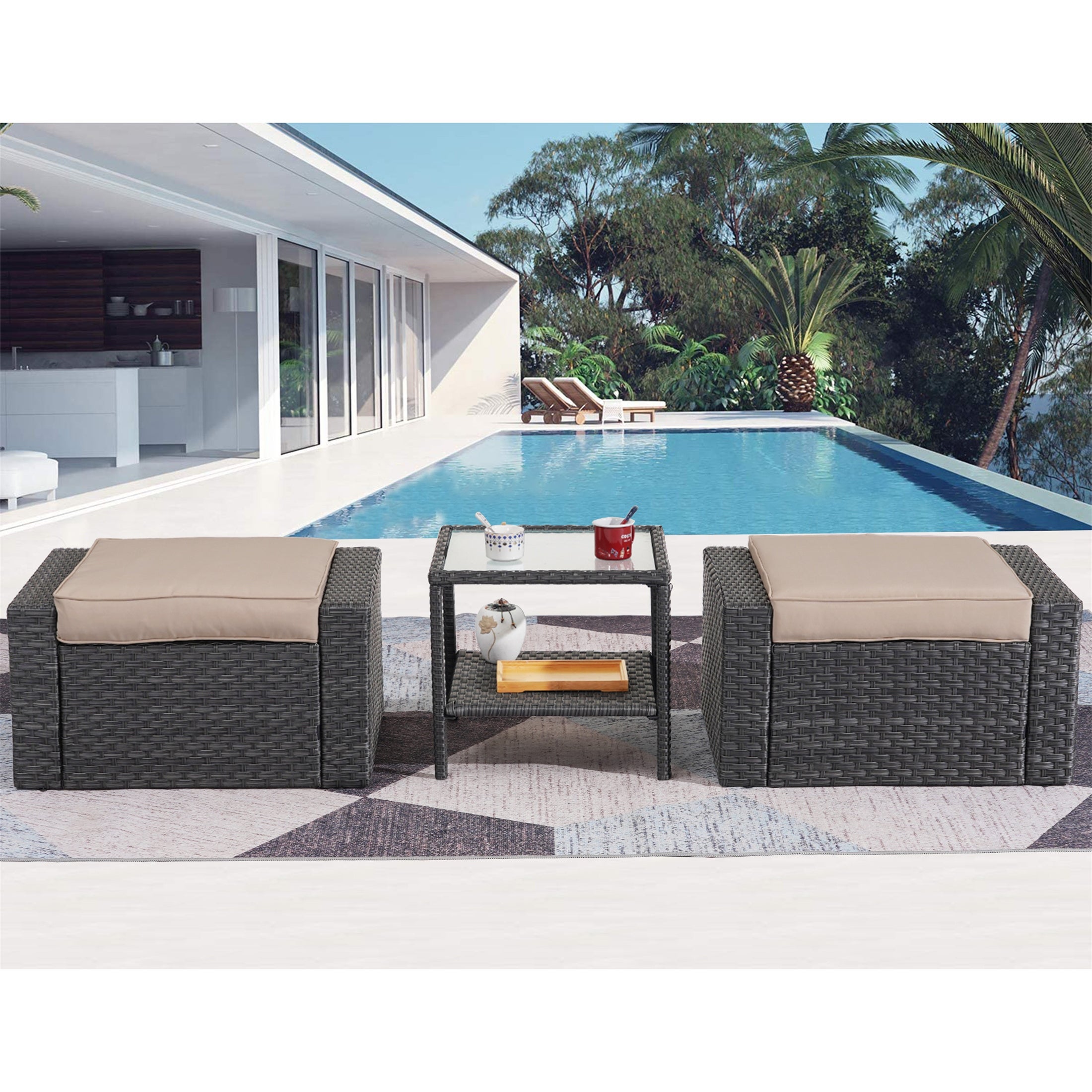 3 Piece Outdoor Ottomans with Glass Coffee Table - Overstock - 37928260