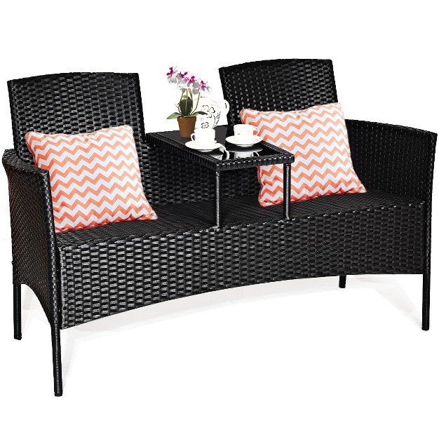 Costway Patio Rattan Conversation Set Seat Sofa Cushioned Loveseat Glass Table Chairs