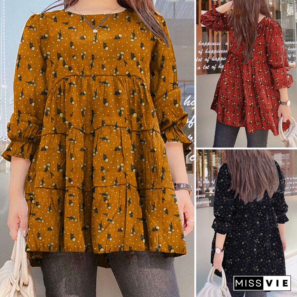 Plus Size Women Spring Casual Daily Long Puff Sleeve O-Neck Cotton Floral Printing Loose Shirt Blouse