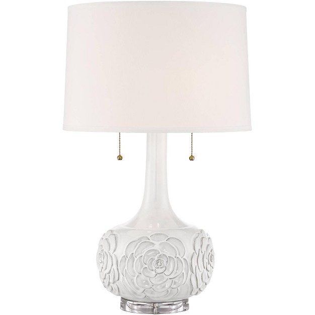 Tall White Ceramic Glaze Textured Floral Drum Shade For Bedroom Living Room Bedside