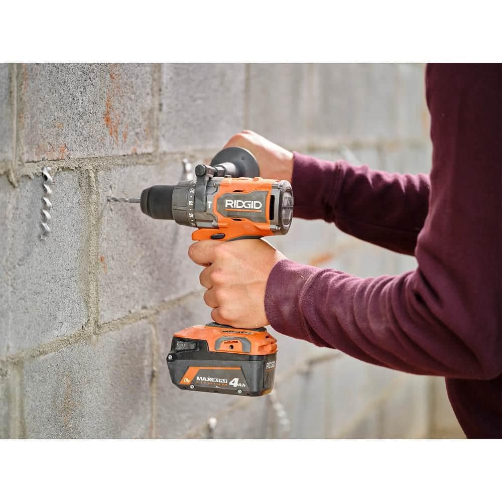 RIDGID 18V Brushless Cordless 1/2 in. High Torque Hammer Drill/Driver with (2) 4.0 Ah Batteries, Charger, and Bag R861152B-AC93044SBN