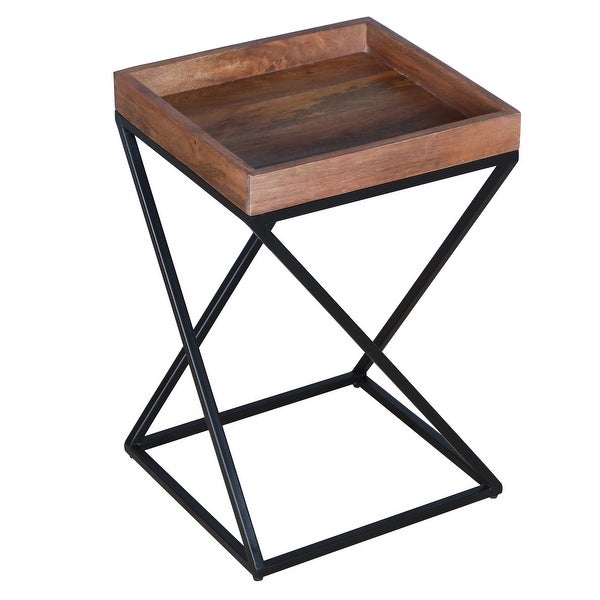 22 Inch Industrial End Side Table with Mango Wood Tray Top， X Shape Iron Frame， Brown， Black