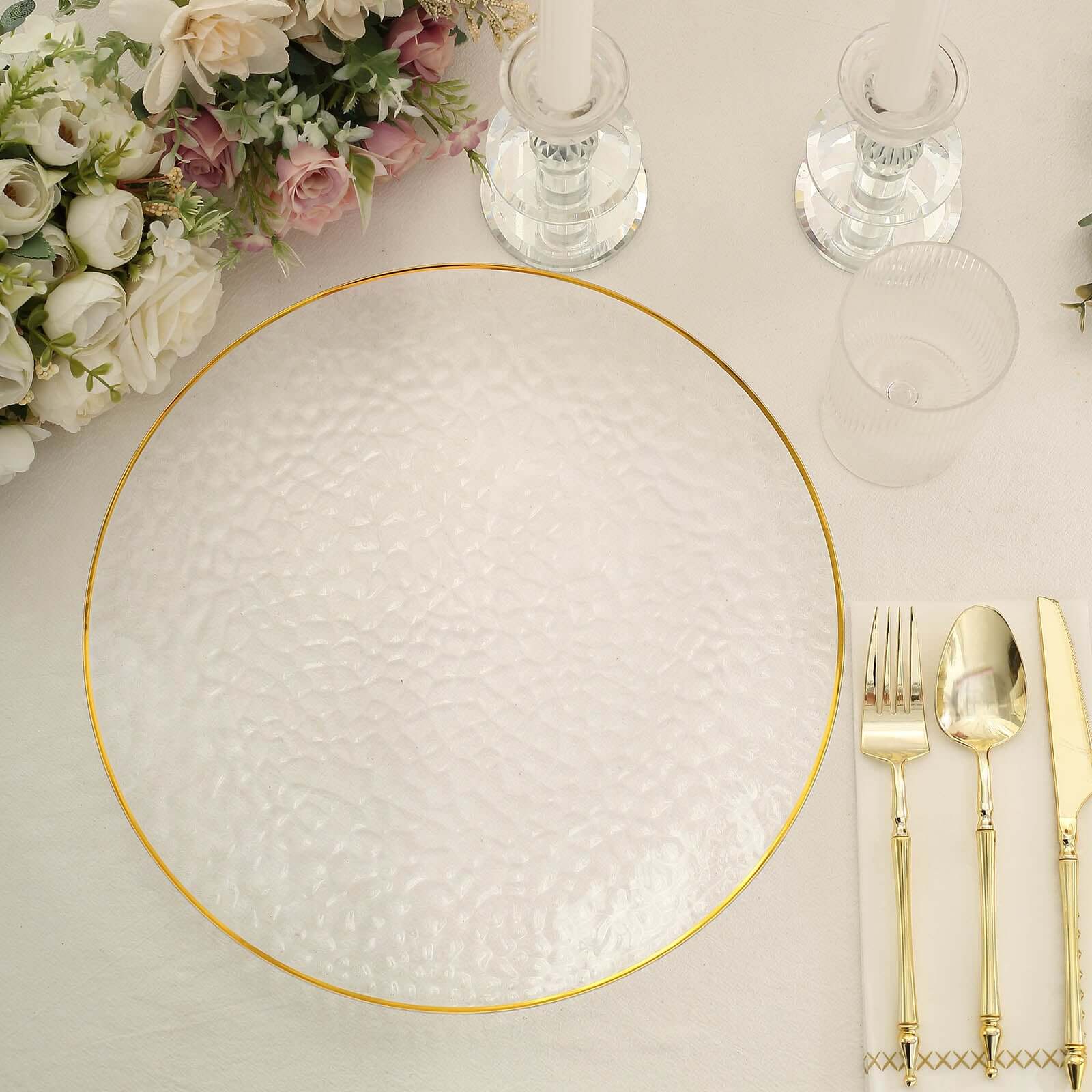 6 Pack Clear Hammered Economy Plastic Charger Plates With Gold Rim, Round Dinner Chargers Event Tabletop Decor - 13