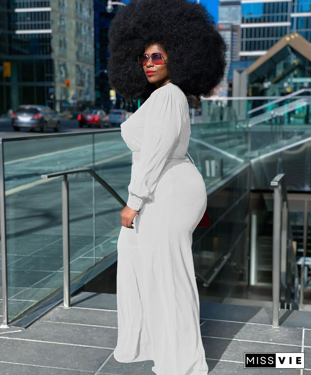 Long Sleeve V-neck Plus Size Wide Leg Jumpsuit