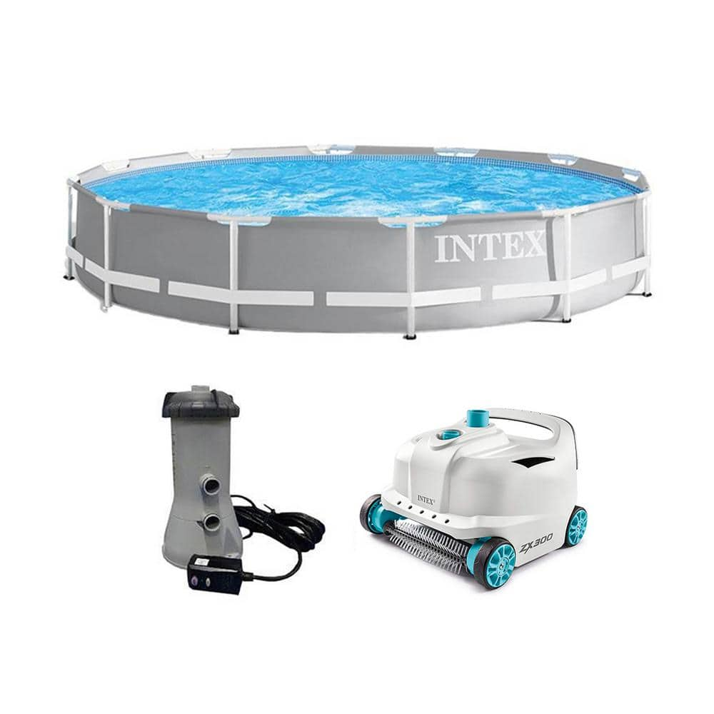 Intex 12 ft. x 30 in. Round 144 in. Frame Above Ground Swimming Pool Set and Robot Vacuum 26711EH + 28005E