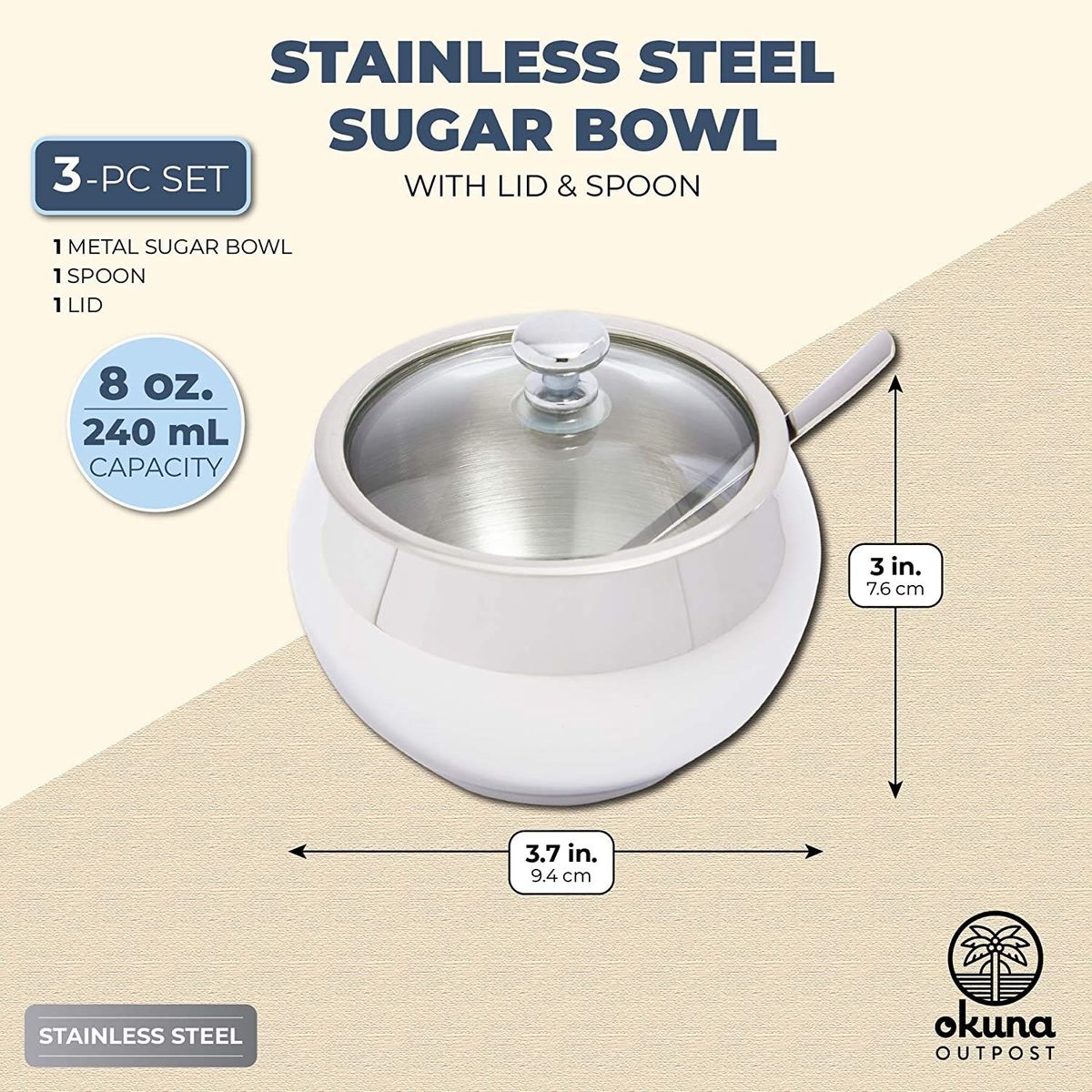 Stainless Steel Sugar Bowl with Lid and Spoon for Kitchen Accessories，  (7 oz， 3-Piece Set)