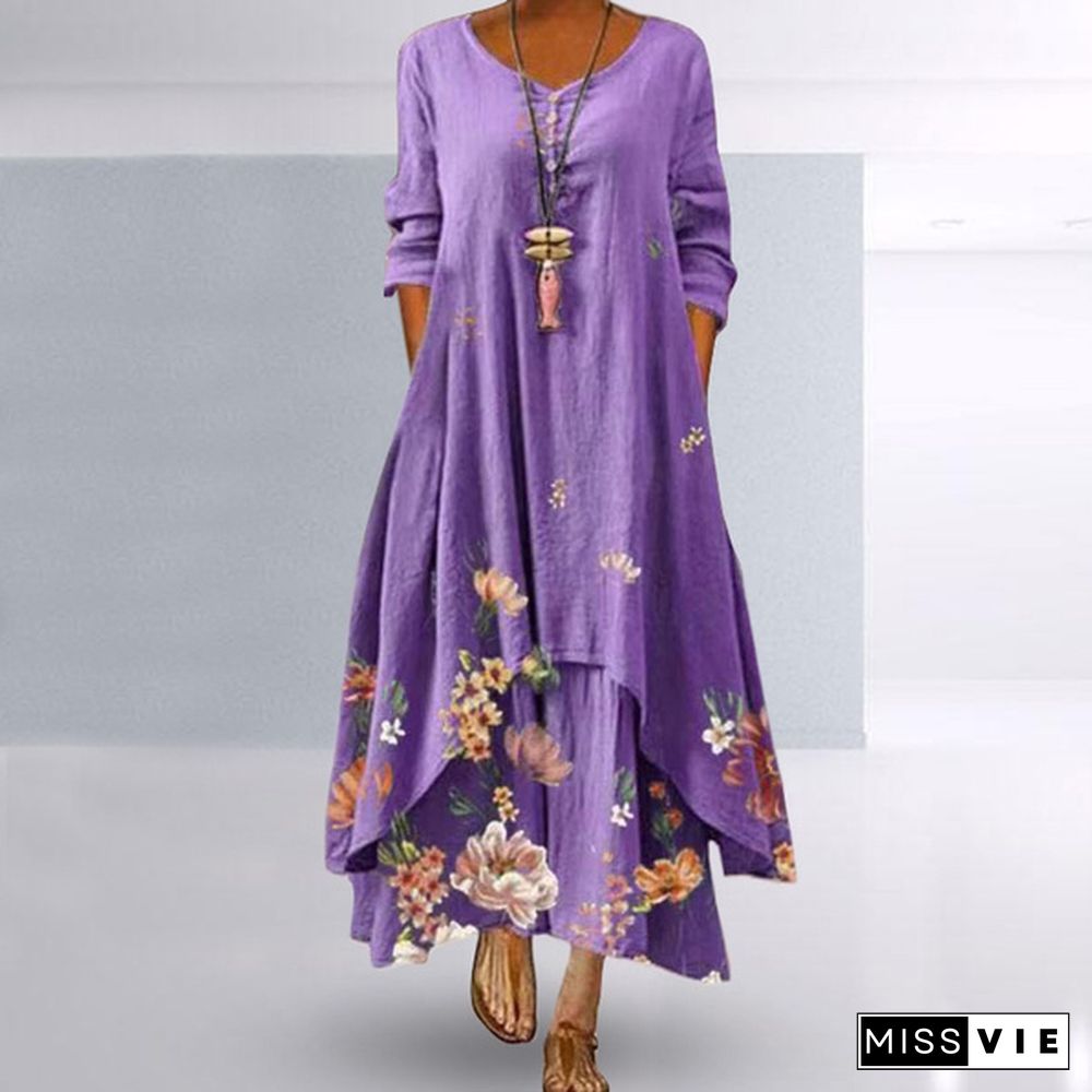 Women Casual Floral Print Long Sleeve Round Neck Double Layer Maxi Dresses Floral Casual Ethnic Style Loose Long Dress