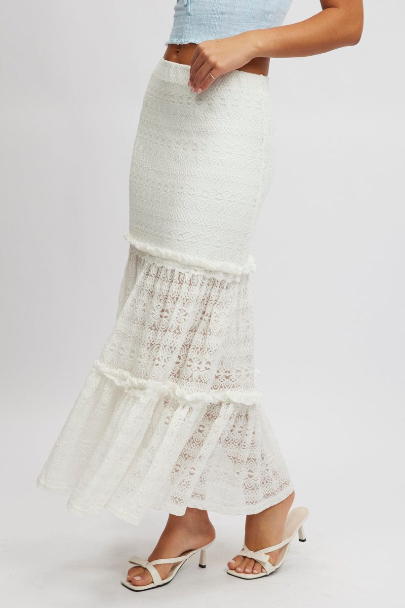 White Lace Maxi Skirt Elastic Waist Tiered Lined