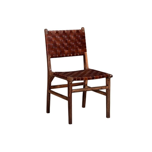 34 Inch Set of 2 Wood Dining Chairs， Leather Woven Back and Seat， Brown