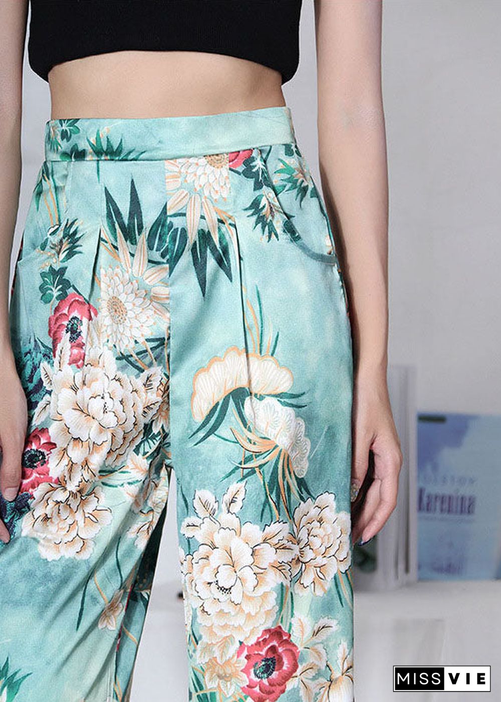 Loose Blue Floral Print Summer Pants