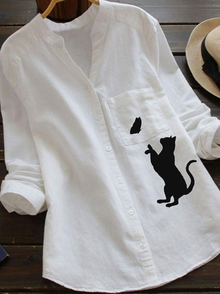 V-neck Casual Loose Cat Print Long-sleeved Blouse