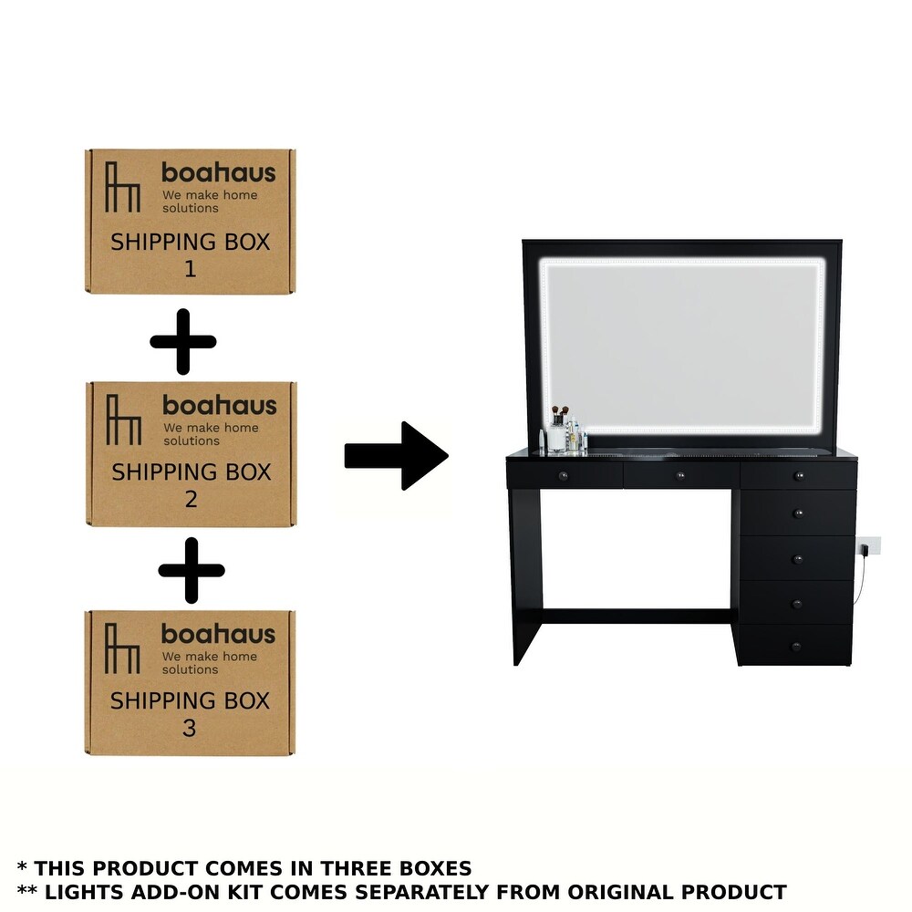 Boahaus Theia Modern Black Vanity Desk  7 Drawers