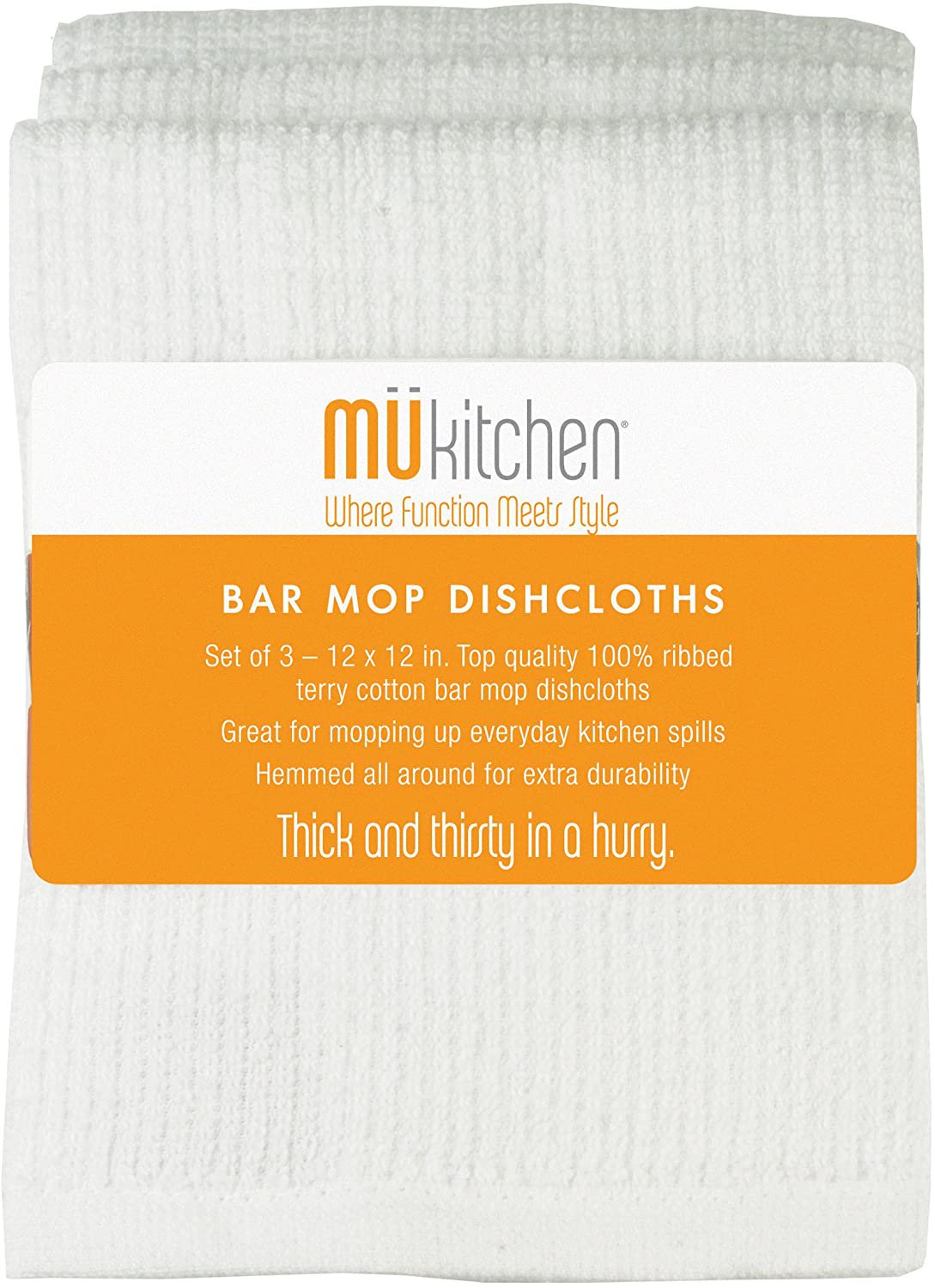 MUkitchen Cotton Bar Mop Dishcloth， 12 by 12-Inches， Set of 3， White