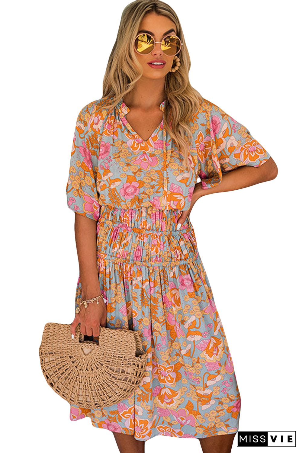 Boho Wide Sleeve Smocked Waist Floral Dress