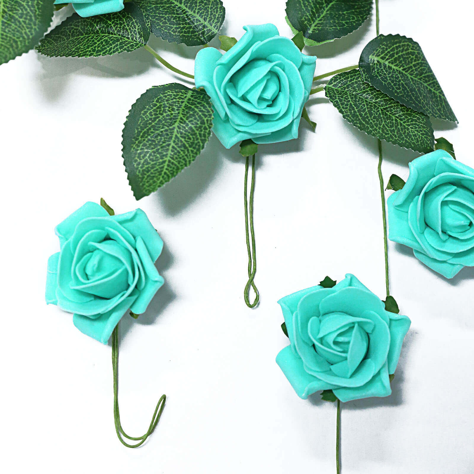 24 Roses Turquoise Artificial Foam Flowers With Stem Wire and Leaves 2