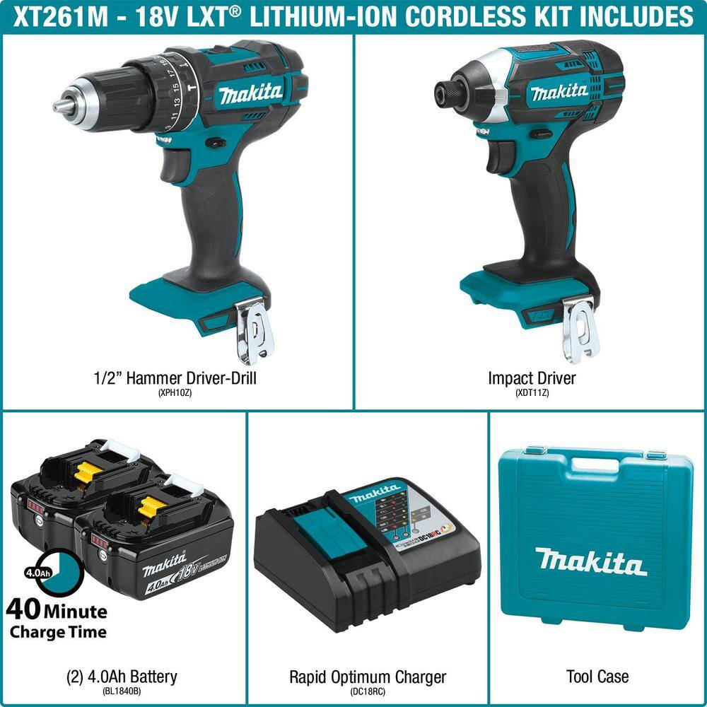 Makita 18V LXT Lithium-Ion Cordless Combo Kit (2-Piece) Hammer DrillImpact Driver w (2) Batteries (4.0Ah) Charger Case XT261M