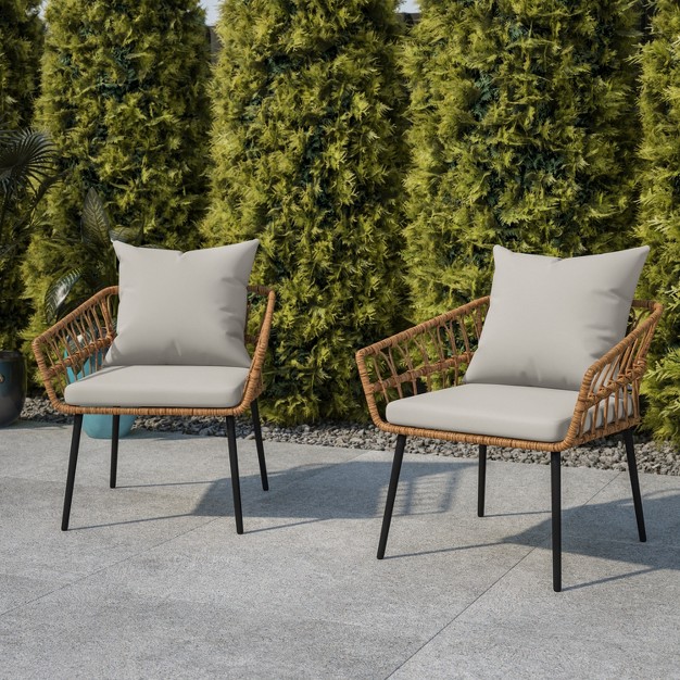 Flash Furniture Evin Set Of 2 Boho Indoor outdoor Rope Rattan Wicker Patio Chairs With All weather Cushions