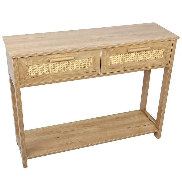 Wooden Console Table with 2 Drawers and Open Bottom Shelf，Natural