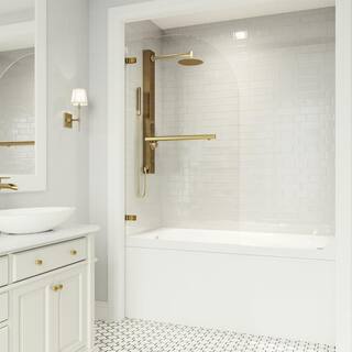 VIGO Orion 34 in. W x 58 in. H Pivot Frameless Tub Door in Matte Brushed Gold with 516 in. (8mm) Clear Glass VG6071MGCL3458