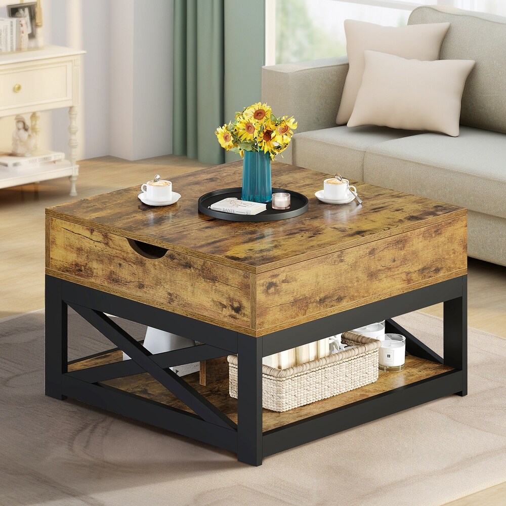 Moasis Farmhouse Lift Top Square Coffee Table with Storage and Shelf