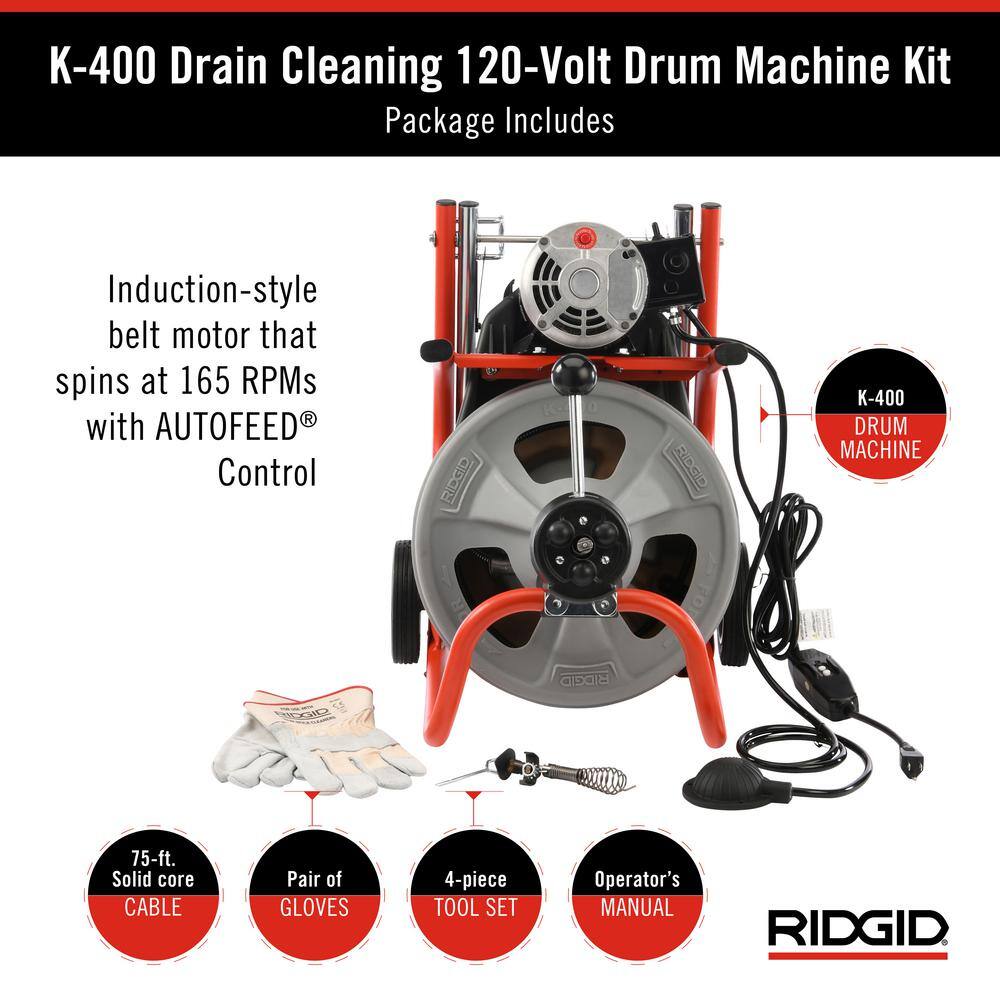 RIDGID K-400 AutoFeed Drain Cleaning Snake Auger 120-Volt Drum Machine and C-45IW 12 in. x 75 ft. Cable + Tool Set  Gloves 27013