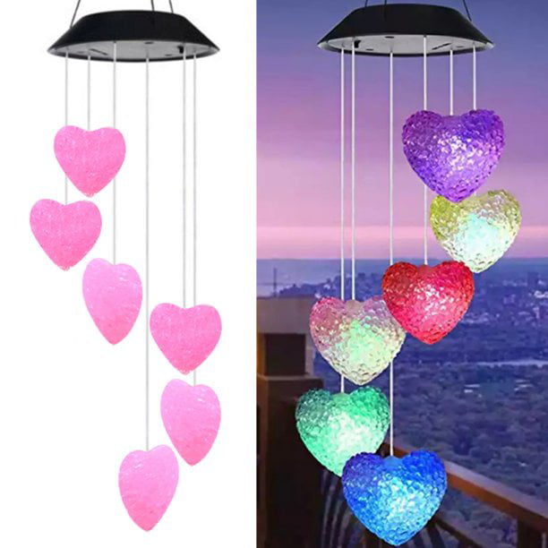 Cocobaby Color-changing LED Solar Powered Pink Heart Wind Chime Light Yard Garden Decor-Pink