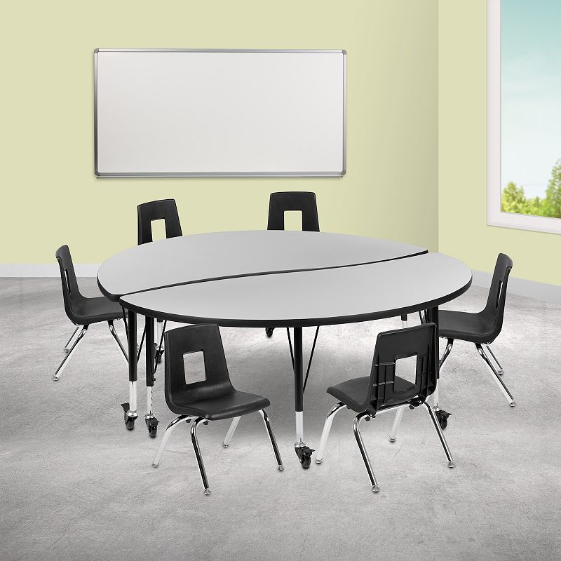 Emma and Oliver Mobile 60 Circle Wave Activity Table Set-14 Student Stack Chairs， Grey/Black